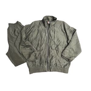 Vtg EVR Silk Jogging Wind Suit Sz S Olive Green Zip Jacket Jogger Pants Set 90s